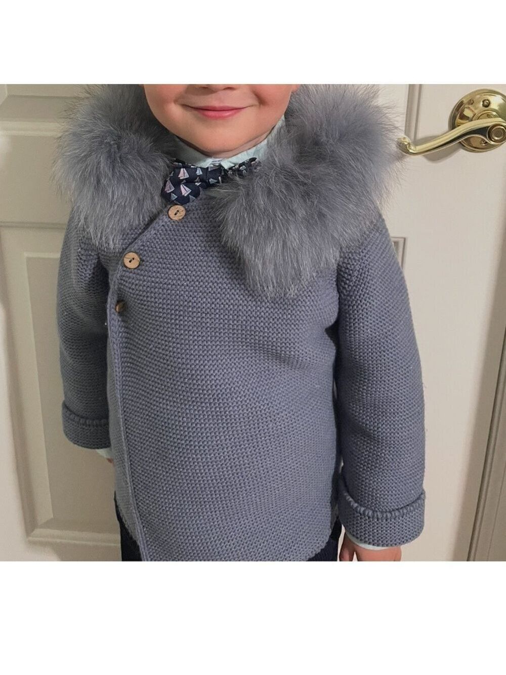 Kids Gray/navy knitted high quality knitted Jacket with real fur